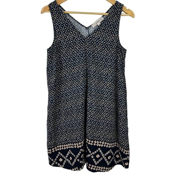 LOFT Navy Blue Batik Sleeveless Linen Blend Casual Shift Mini Dress Med Petite - Picture 1 of 7